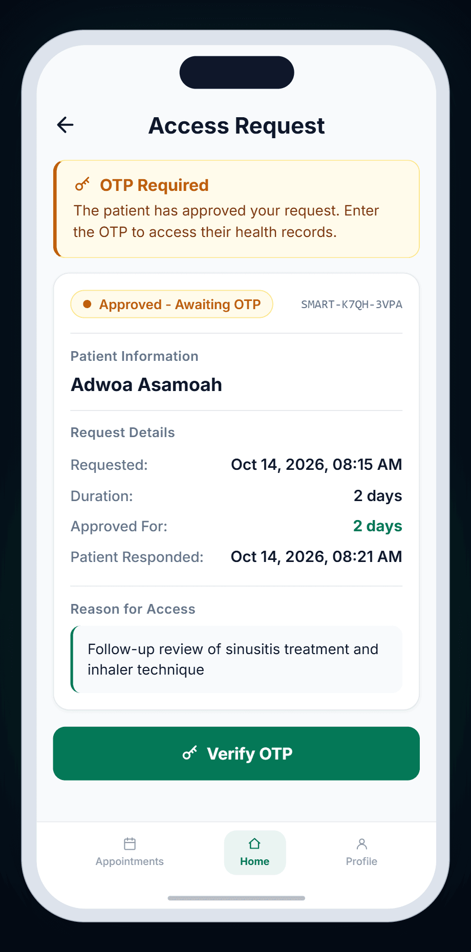 Doctor's Access Request screen marked 'Approved - Awaiting OTP' with a Verify OTP button