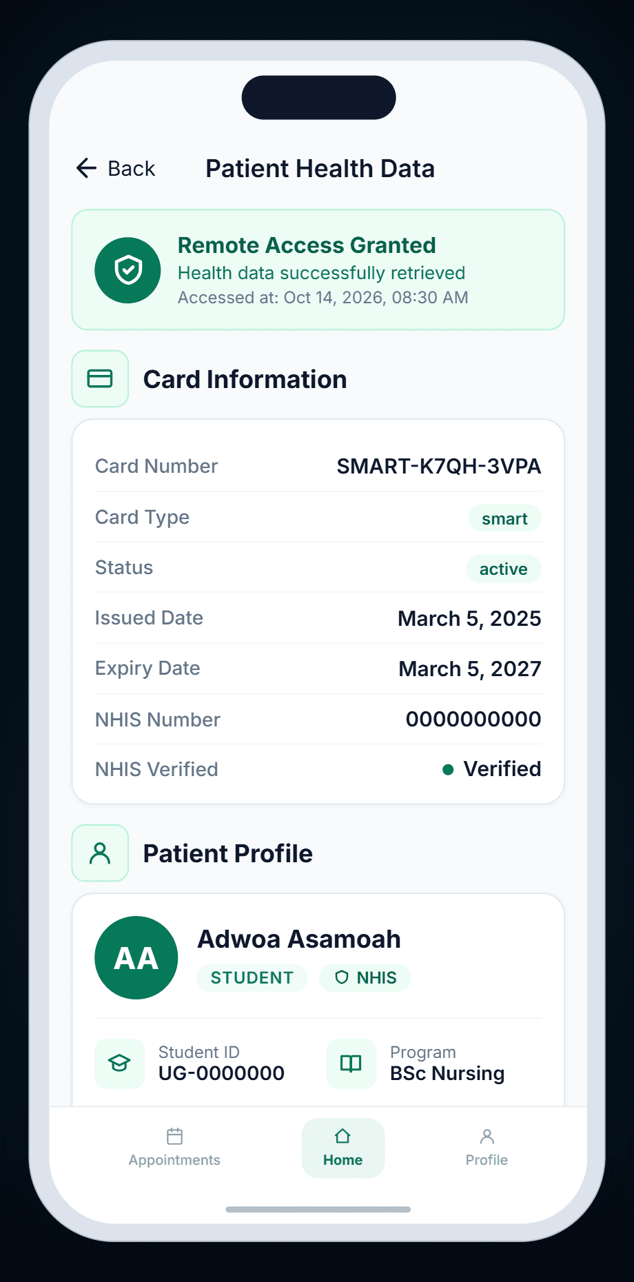 Doctor's Patient Health Data screen with 'Remote Access Granted', card information and patient profile