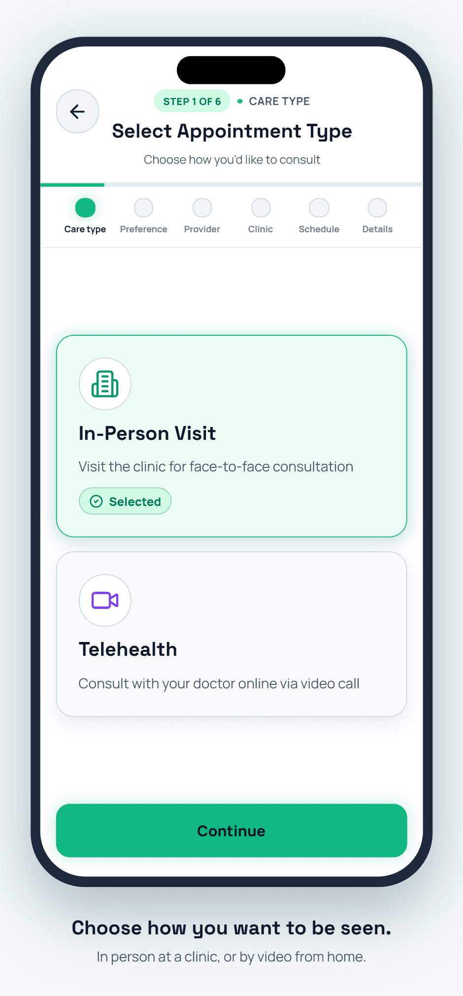 Select appointment type: in-person visit or telehealth