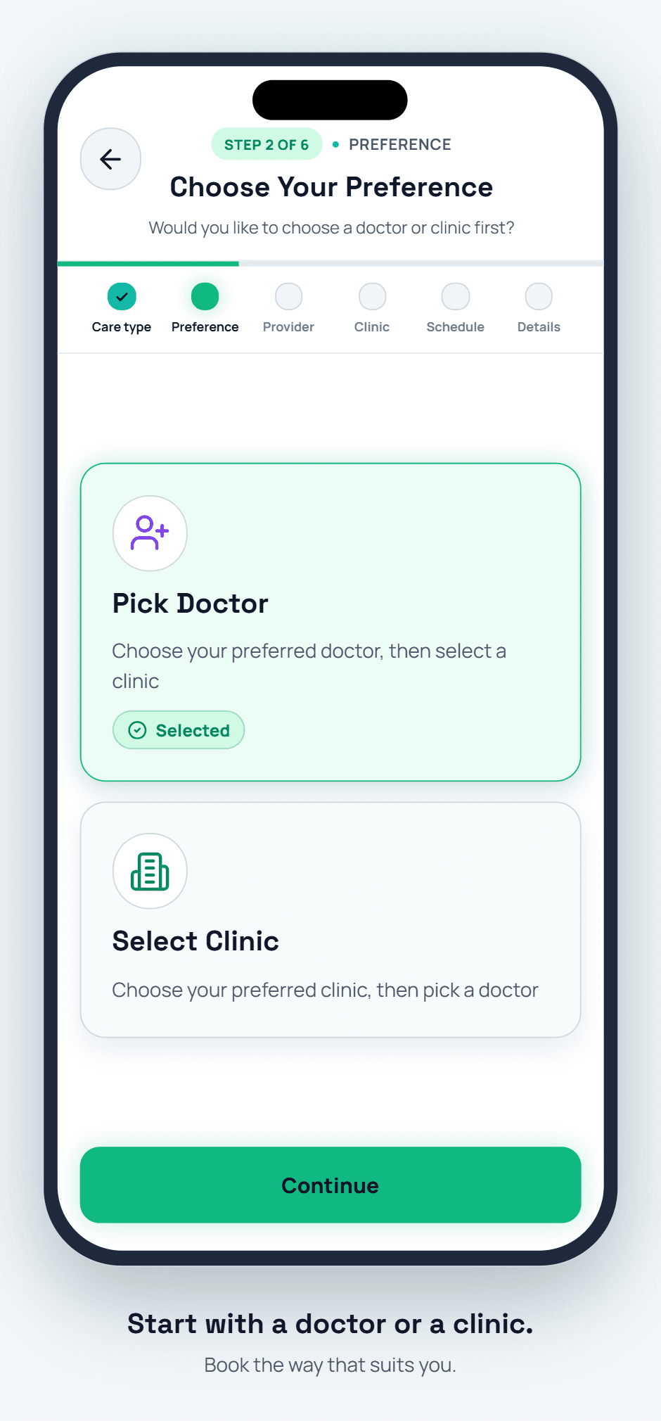 Choose to pick a doctor first or select a clinic first