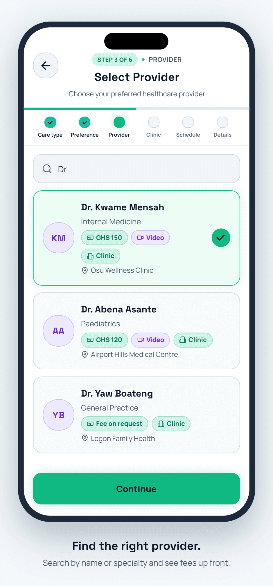 List of doctors with specialty, fee, video and clinic options