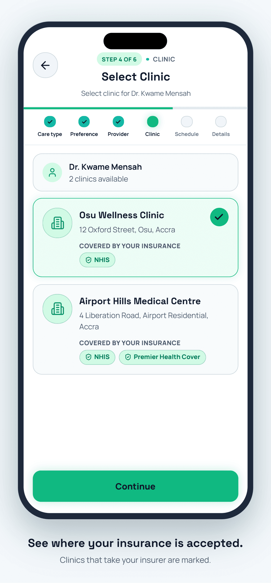 Clinics for the chosen doctor, marked with accepted insurance