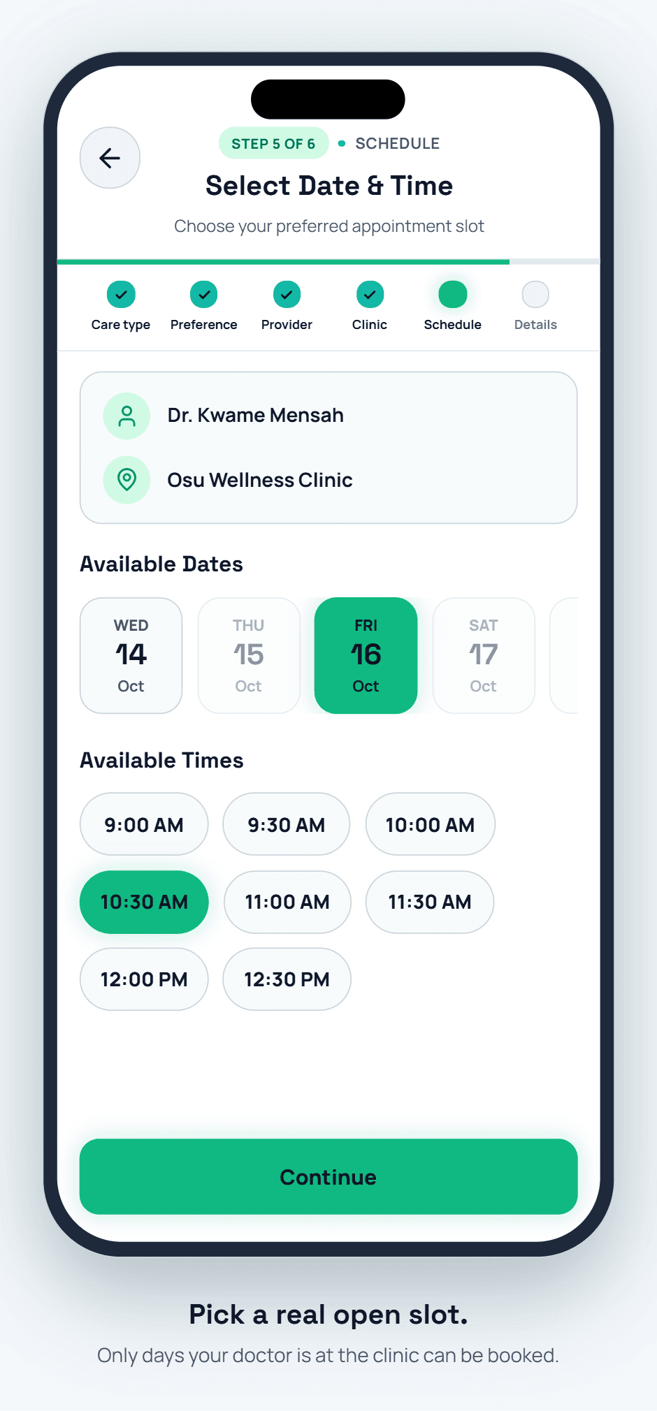 DigCare booking screen showing available dates and time slots
