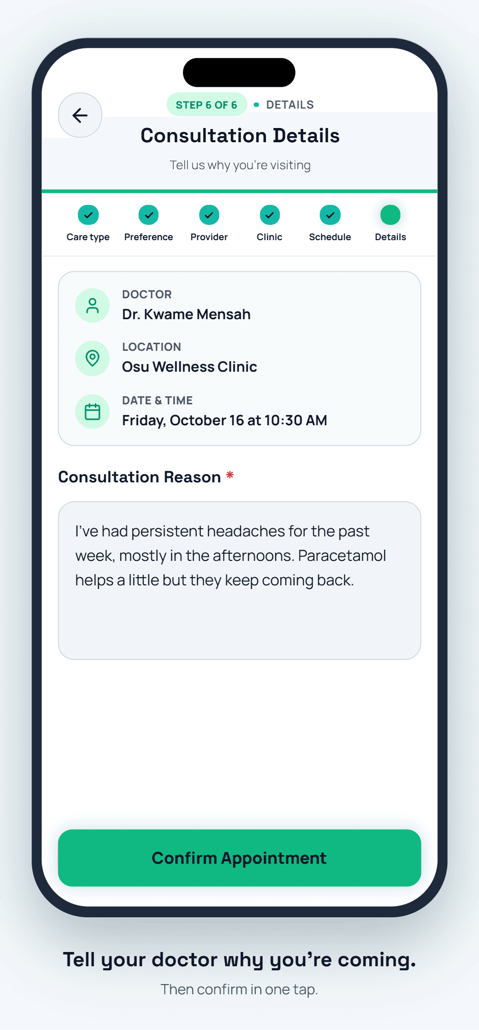Booking summary with consultation reason and confirm button