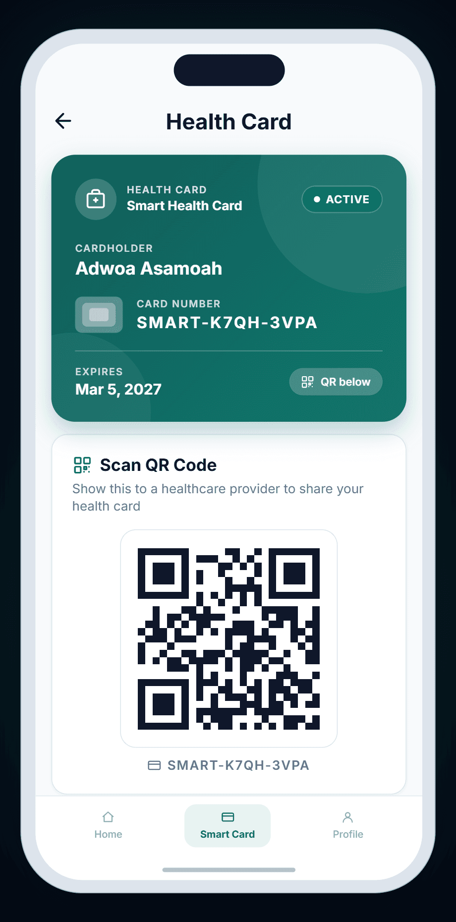Health Card screen showing Adwoa Asamoah's Smart Health Card, number SMART-K7QH-3VPA, active, expiring March 5, 2027, with a QR code below