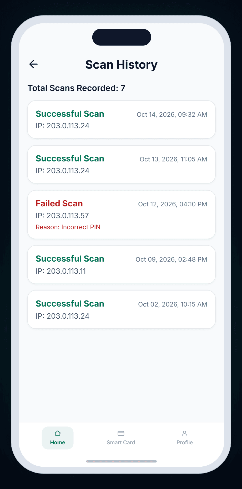 Scan History screen listing successful and failed scans with times and IP addresses