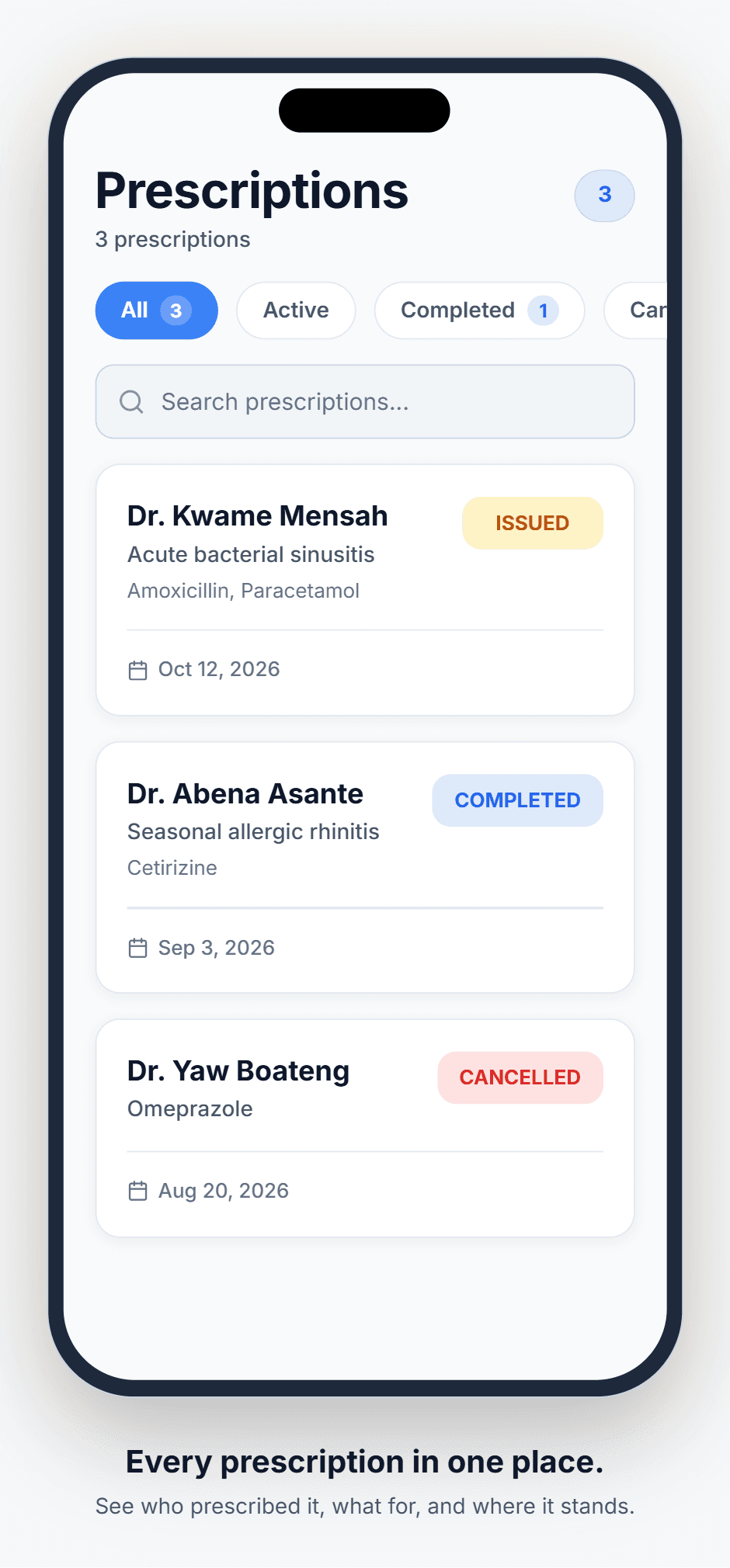 List of prescriptions with doctor, diagnosis, medications and status