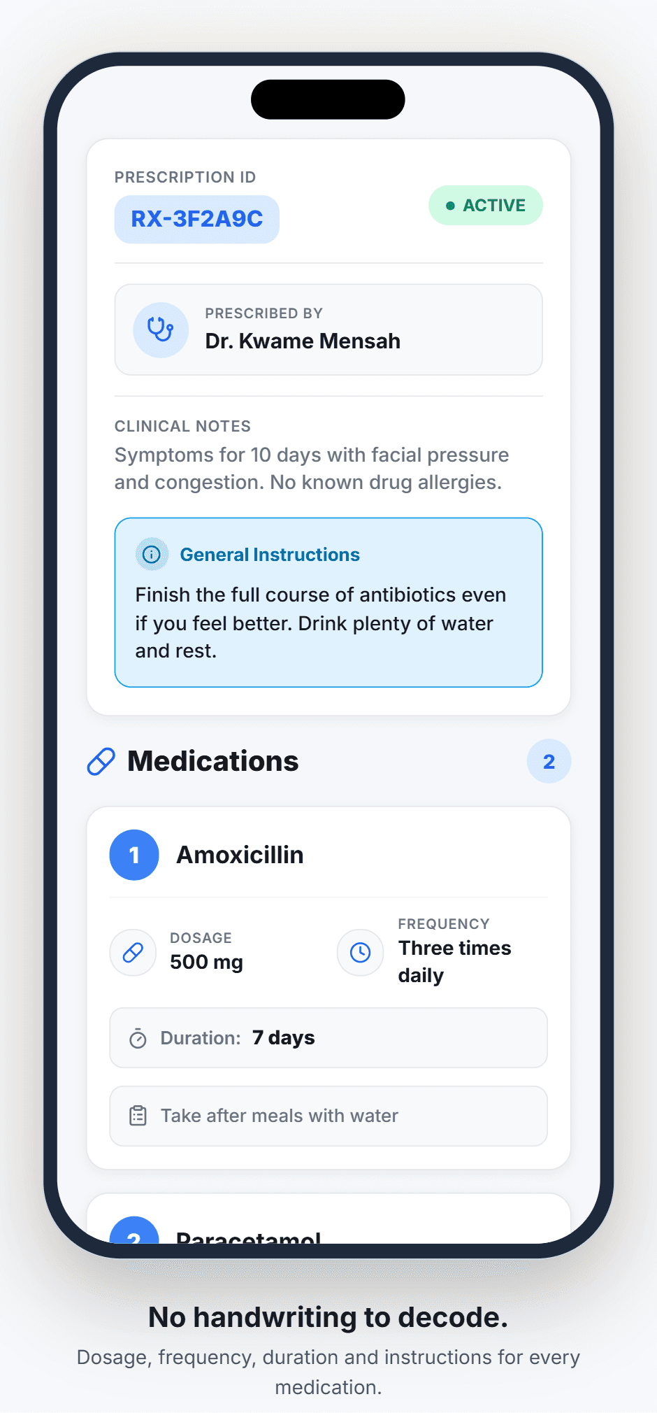 DigCare prescription details showing the prescribing doctor, clinical notes and medication dosage