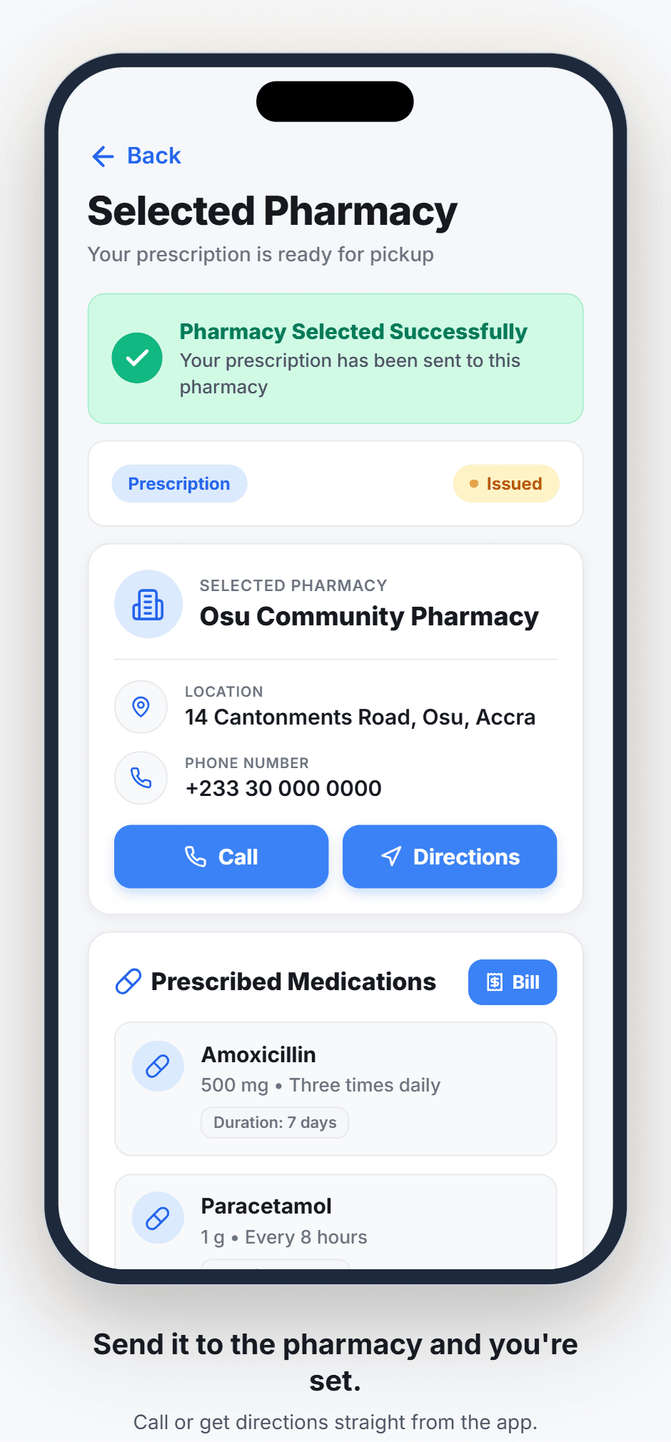 Selected pharmacy confirmation with call and directions buttons