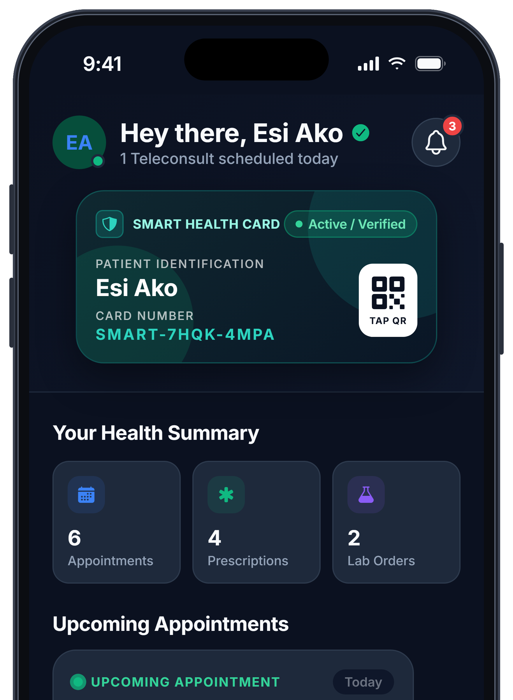 DigCare patient home screen with a Smart Health Card, health summary of appointments, prescriptions and lab orders, and an upcoming teleconsult