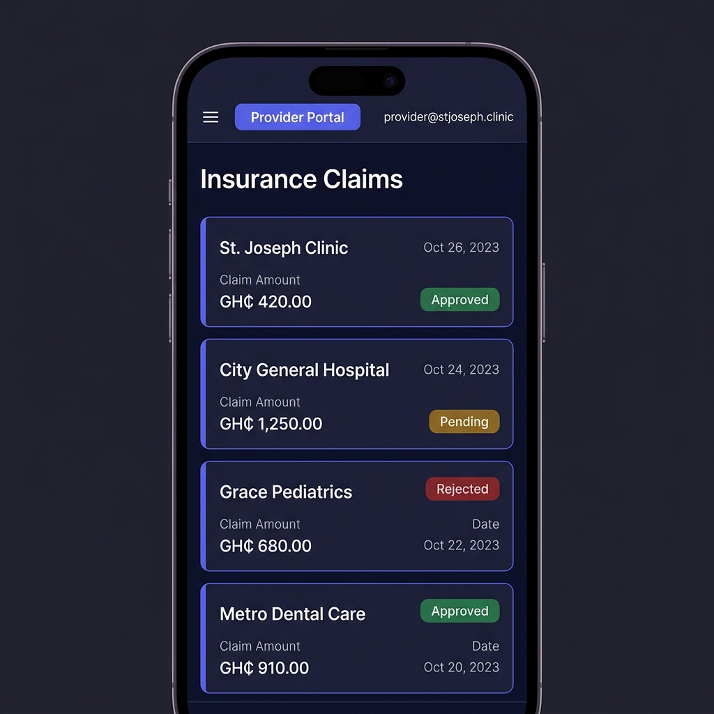 Insurance provider portal showing claims list with approval status badges