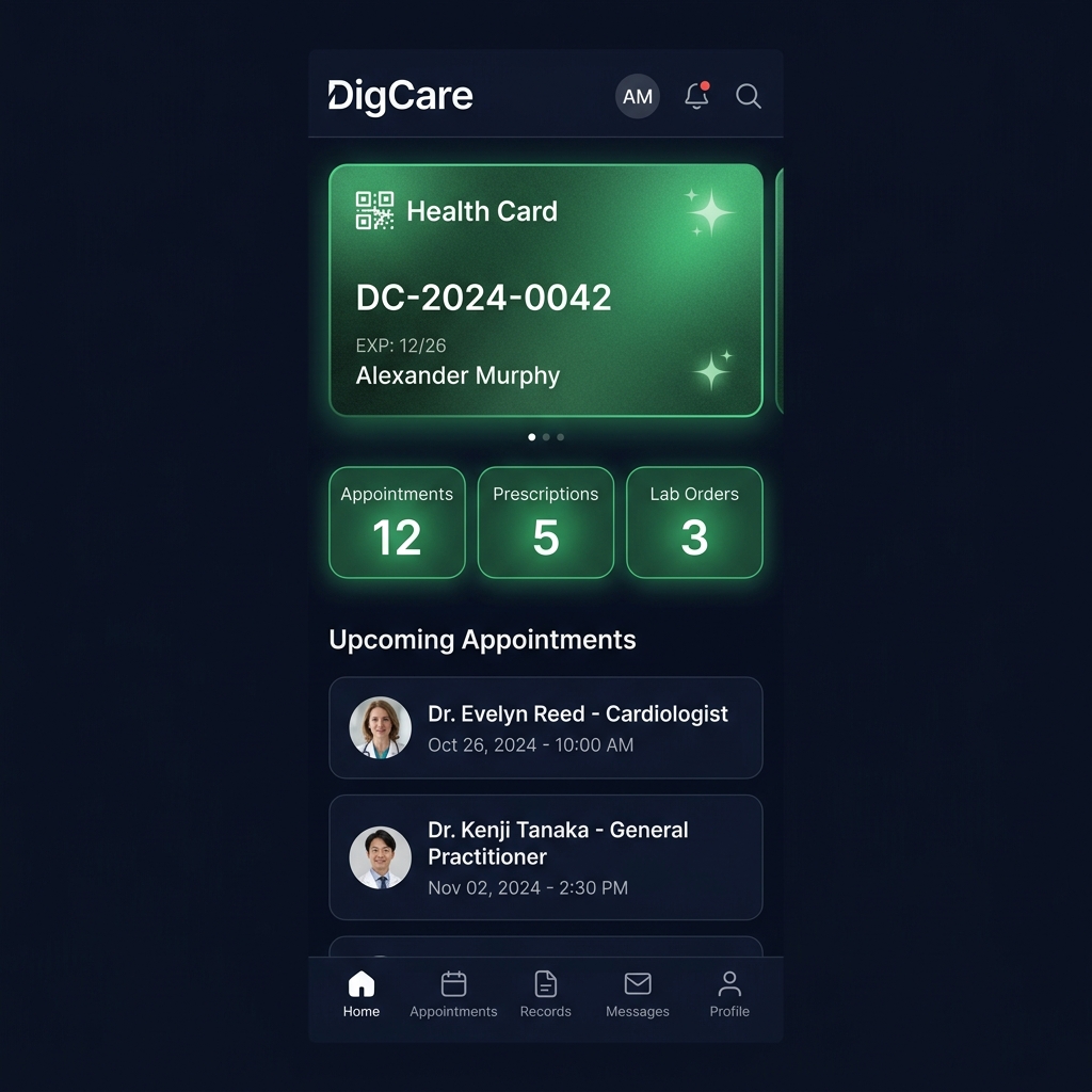 Patient dashboard showing health card, appointments, and quick actions